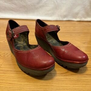FLY London Red Leather Platform Chunky Mary Jane Wedge Womens Size 41